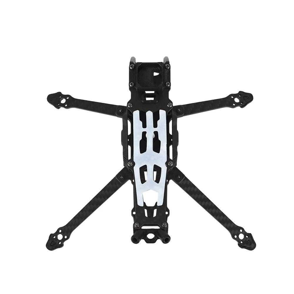 Top-down view of the DeepSpace ROC 4 carbon fiber FPV frame kit with silver center plate and four arms.