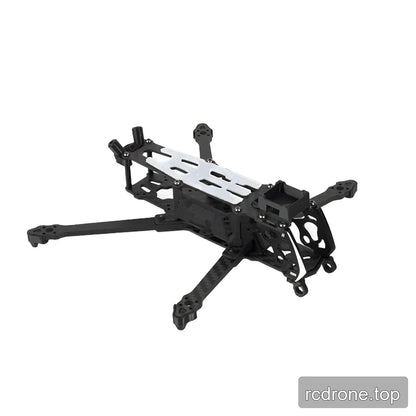 Front-right overhead view of the DeepSpace ROC 4 FPV frame kit with silver top plate and raised rear standoffs.