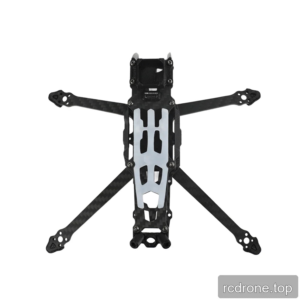 Underside view of the DeepSpace ROC 4 carbon fiber FPV frame kit with four arms and silver central plate.