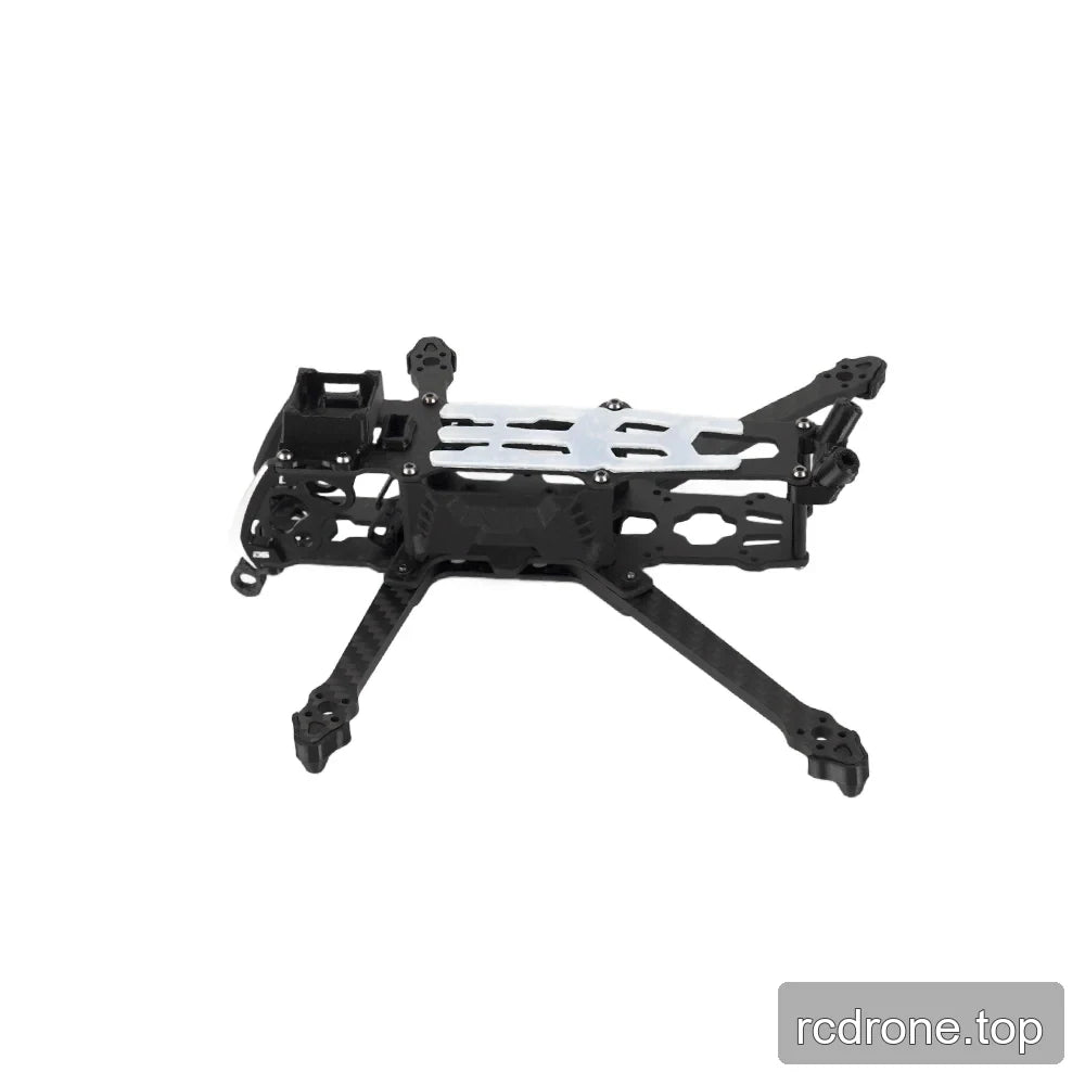 Low left-side view of the DeepSpace ROC 4 FPV frame kit, showing the carbon fiber arms and layered side plates.