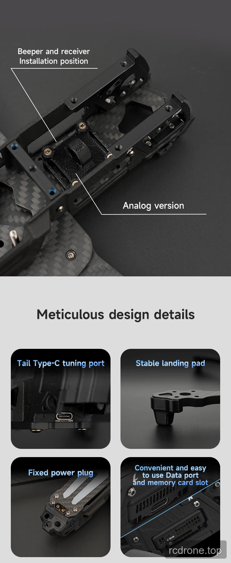 DeepSpace ROC 7 carbon-fiber FPV frame with labeled construction features — section 7 of 11