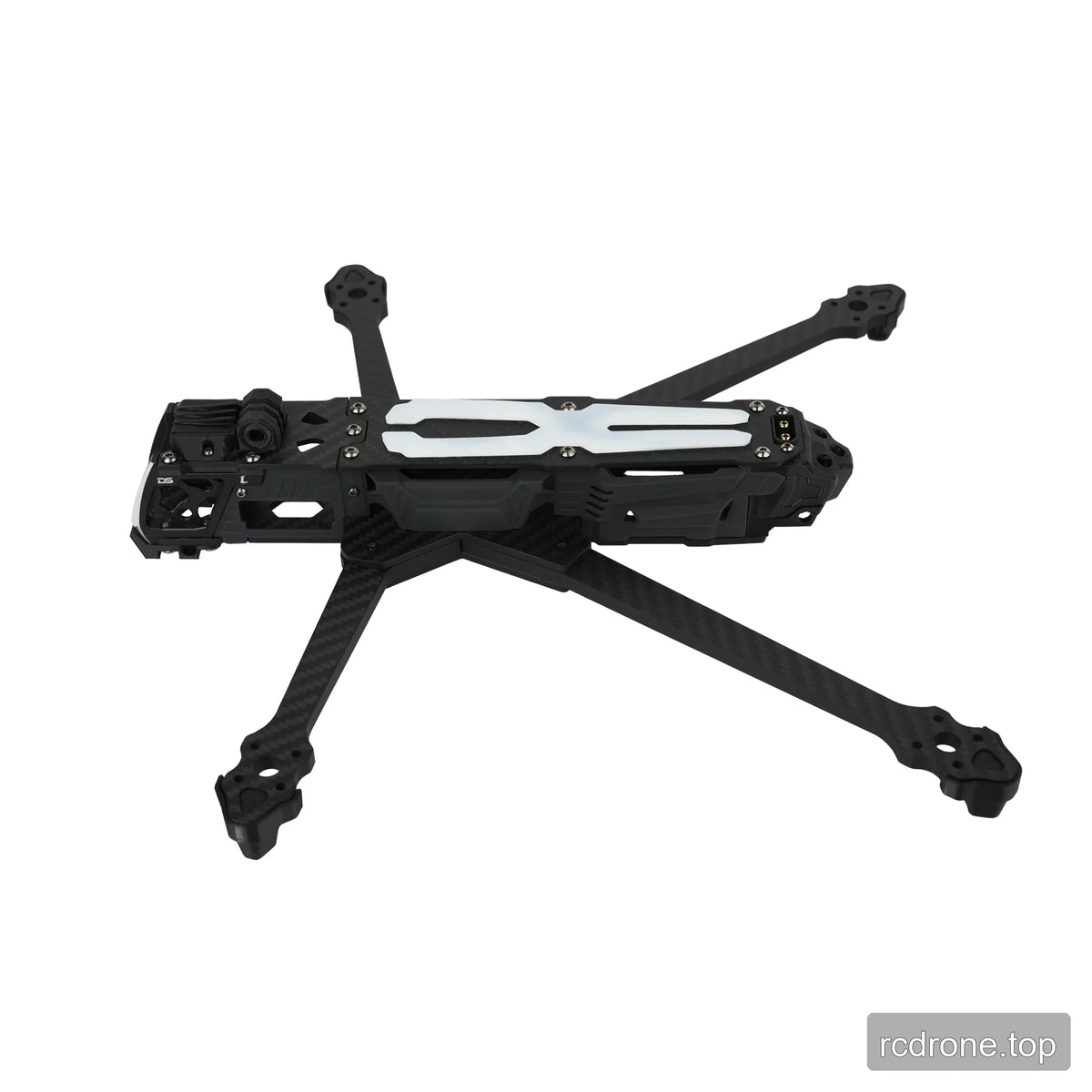 DeepSpace ROC 7 carbon fiber FPV frame in a side three-quarter view, showing the raised central body and front protective cage.