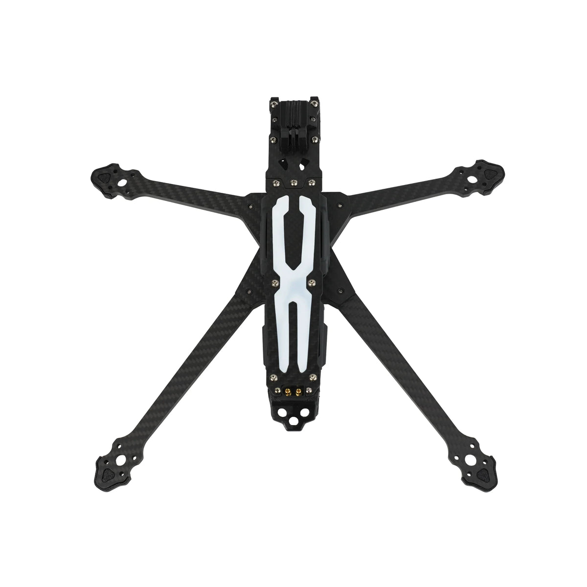 Top view of the DeepSpace ROC 7 carbon fiber FPV frame, showing its four-arm layout and white central top plate accents.