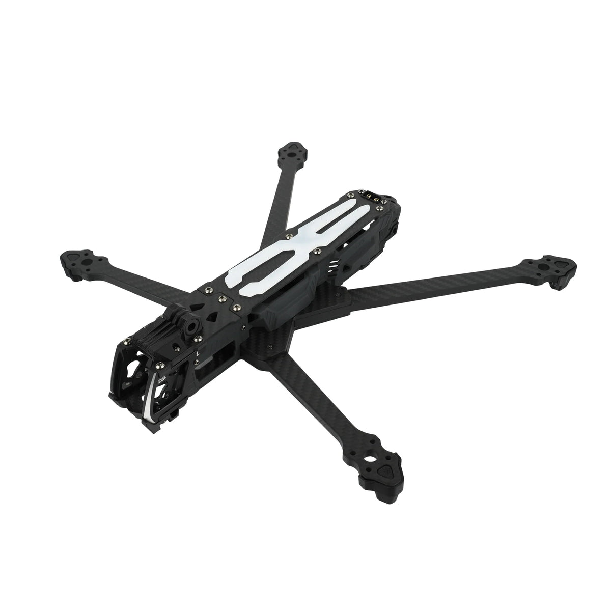 DeepSpace ROC 7 carbon fiber FPV frame shown in a front three-quarter view with white top plate accents.