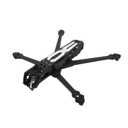 DeepSpace ROC 7 carbon fiber FPV frame shown in a front three-quarter view with white top plate accents.