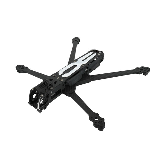 DeepSpace ROC 7 carbon fiber FPV frame shown in a front three-quarter view with white top plate accents.