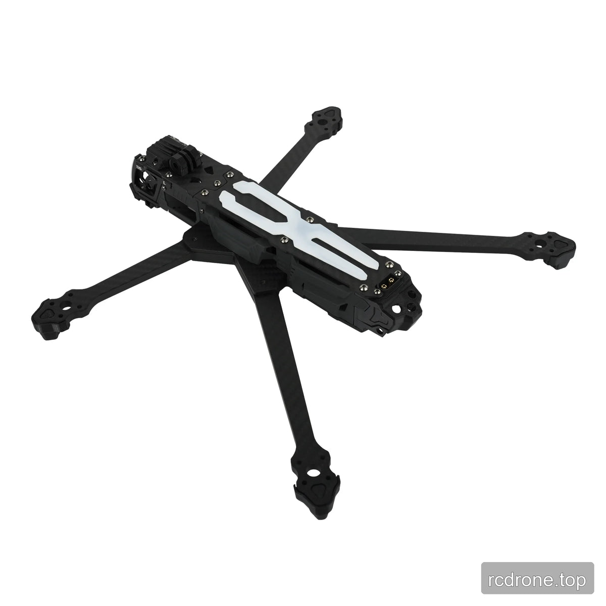 DeepSpace ROC 7 carbon fiber FPV frame shown from the opposite front three-quarter angle with white top plate accents.
