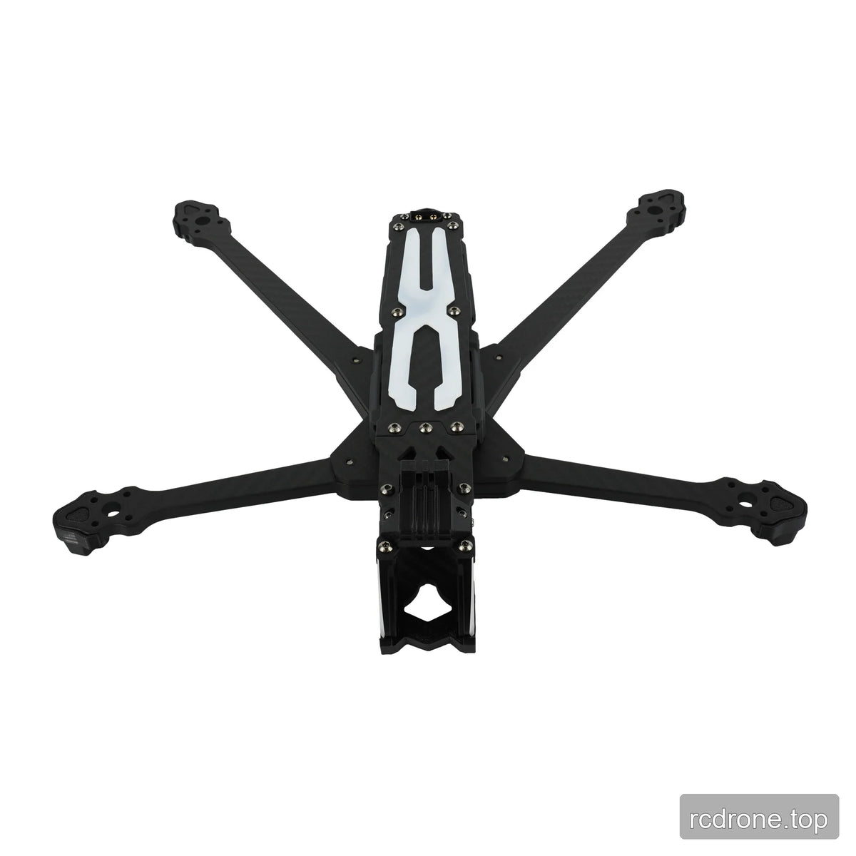 Rear top view of the DeepSpace ROC 7 carbon fiber FPV frame with four arms, white top accents, and front cage structure.