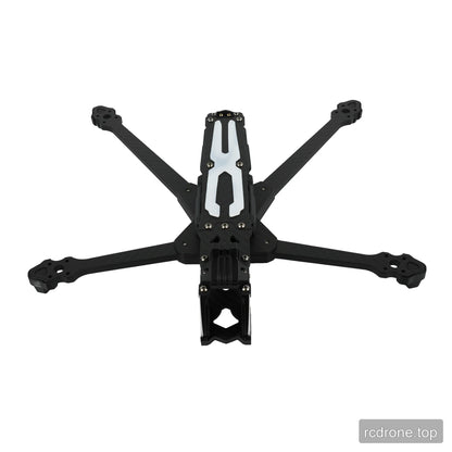 Rear top view of the DeepSpace ROC 7 carbon fiber FPV frame with four arms, white top accents, and front cage structure.