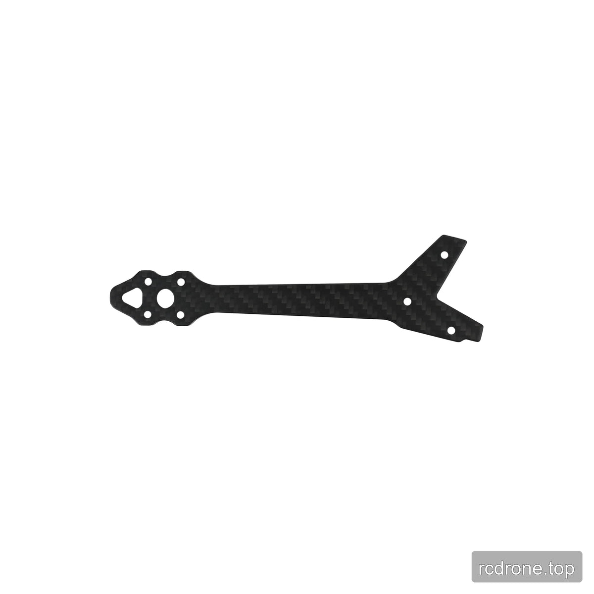 Black carbon-fiber-pattern drone frame arm with a narrow center section, round holes, and forked end.
