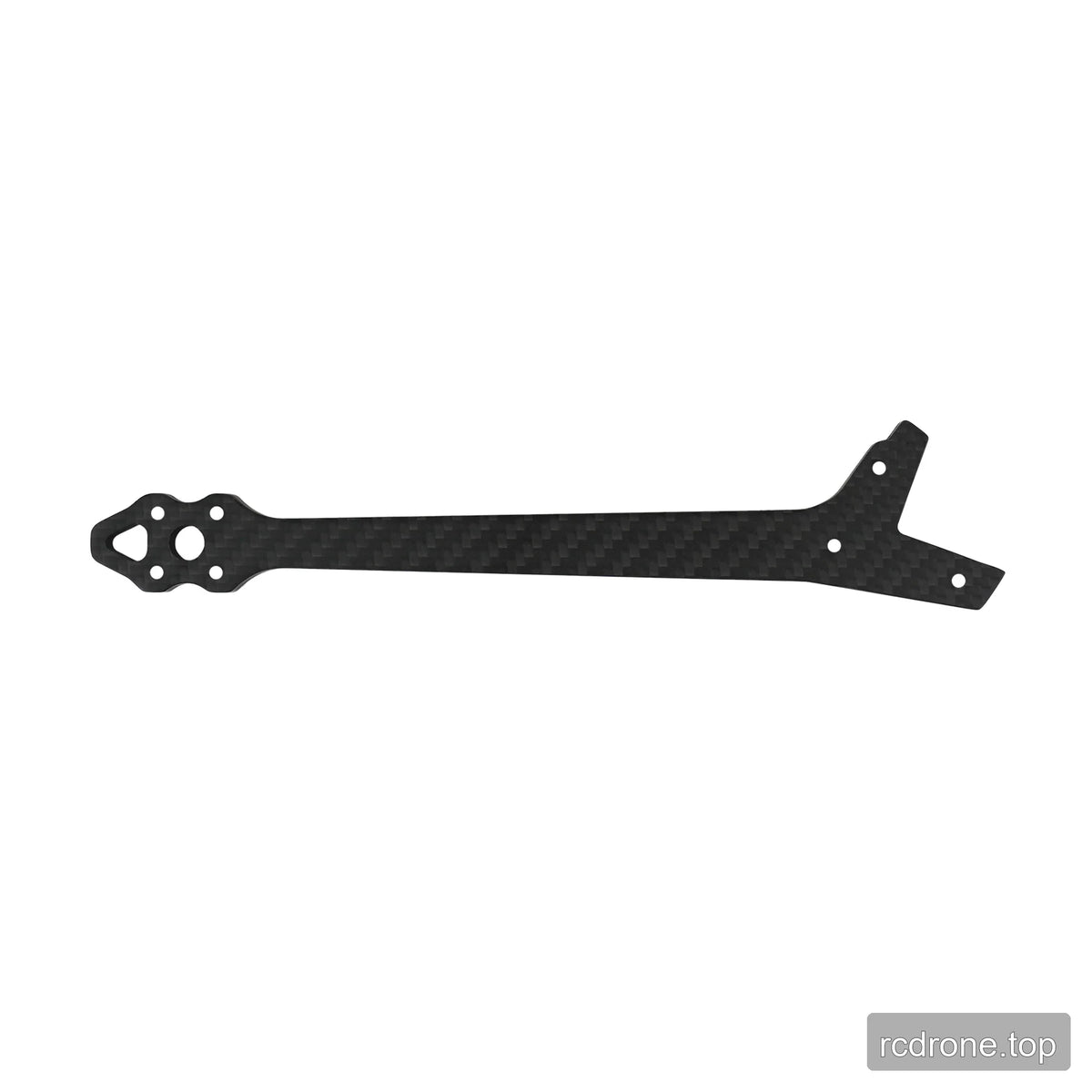 Black carbon-fiber-pattern drone frame arm with a pointed perforated end and wide angled mounting end.