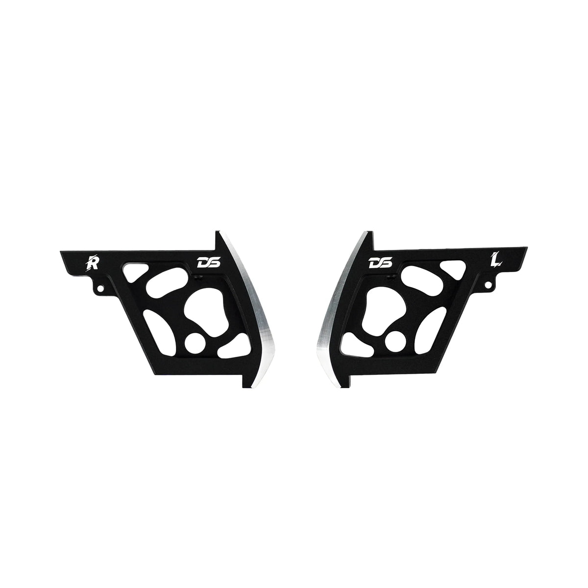 Matched pair of black cutout side panels with silver-colored beveled edges and DS-style markings.