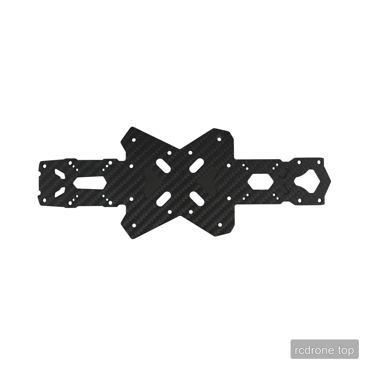 Large black carbon-fiber-pattern frame plate with multiple mounting holes, elongated slots, and geometric cutouts.