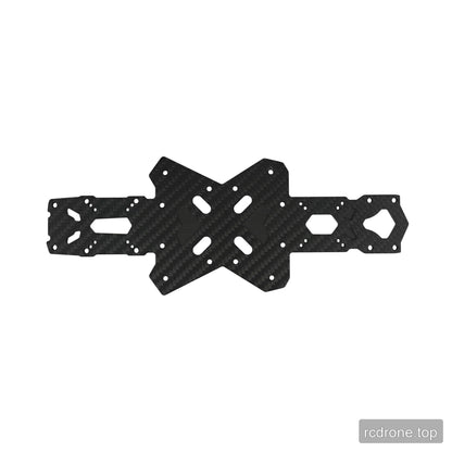 Large black carbon-fiber-pattern frame plate with multiple mounting holes, elongated slots, and geometric cutouts.