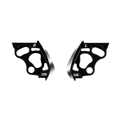 Two black mirrored side frame pieces with large cutouts, marked R and L, shown against a white background.