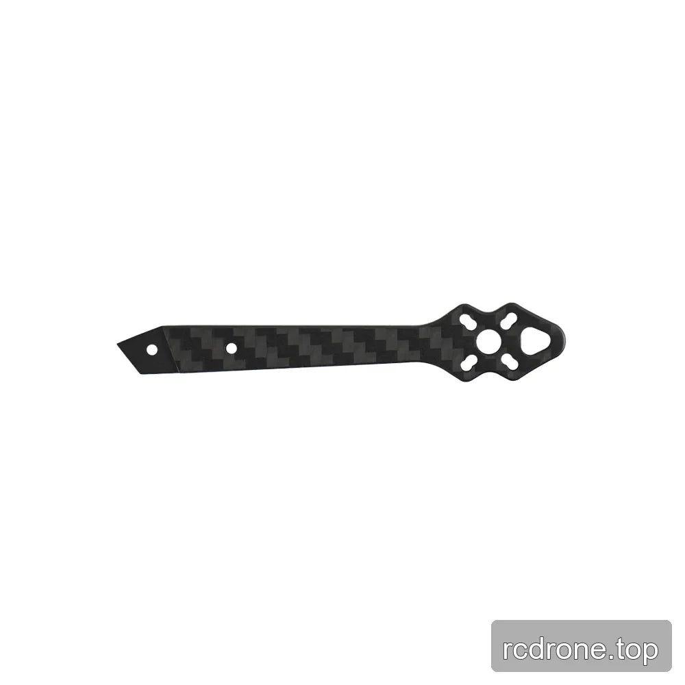 Reverse-oriented black woven-pattern frame arm with a rounded multi-hole mount and a beveled outer end.