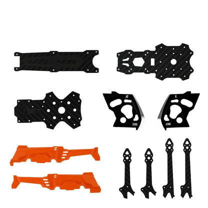 Complete visible set of black carbon-fiber plates, four mixed-shape arms, paired black side plates, and orange plastic parts.