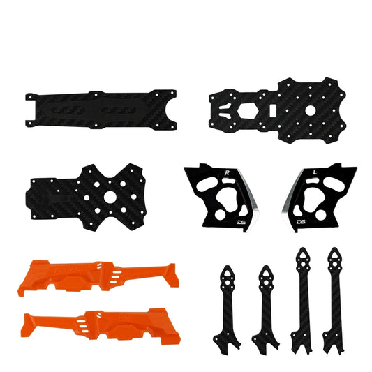 Complete visible set of black carbon-fiber plates, four mixed-shape arms, paired black side plates, and orange plastic parts.