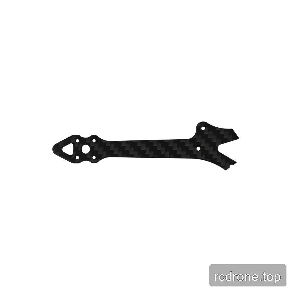 Carbon-fiber frame arm with a pointed triangular-hole tip, round mounting holes, and compact forked opposite end.