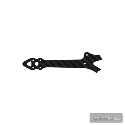 Carbon-fiber frame arm with a pointed triangular-hole tip, round mounting holes, and compact forked opposite end.