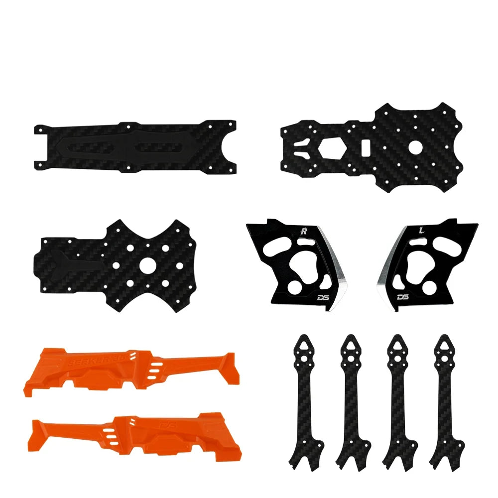 Complete visible set of black carbon-fiber plates, four matching arms, paired black side plates, and orange plastic parts.