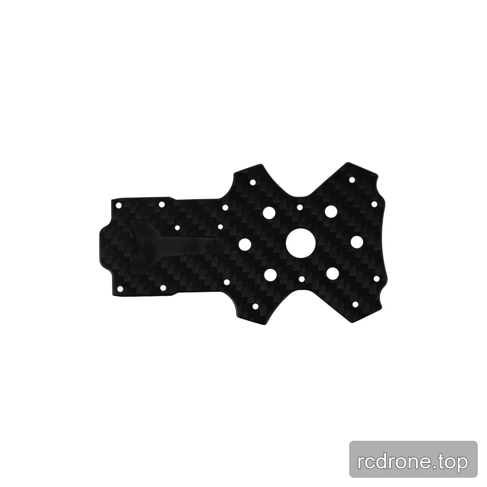Black carbon-fiber frame plate with arrow-shaped surface detail, central opening, and a wide rounded mounting section.