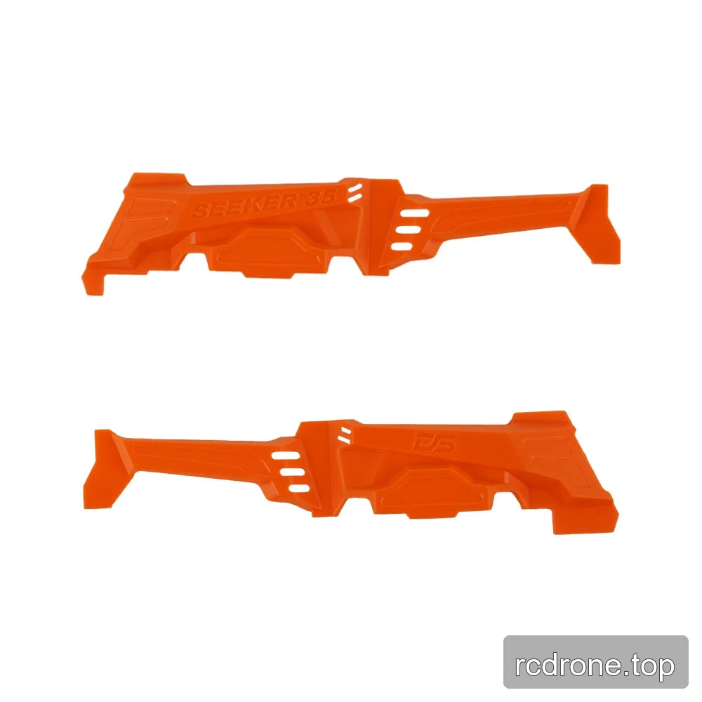 Two orange molded plastic frame parts shown from opposite sides, with SEEKER 35 and DS markings plus vent-like slots.