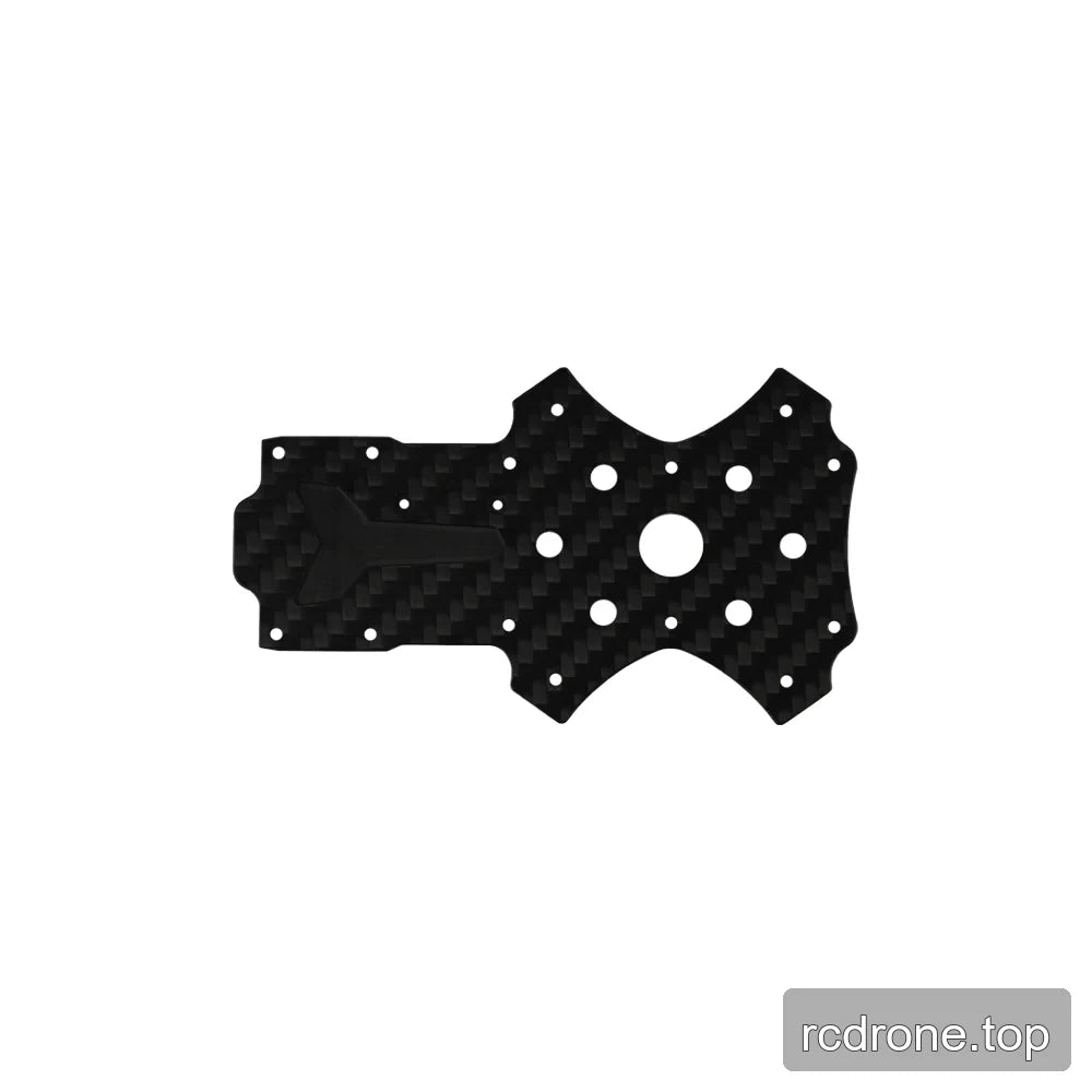 Black carbon-fiber frame plate with arrow-shaped surface detail, central round opening, and multiple mounting holes.
