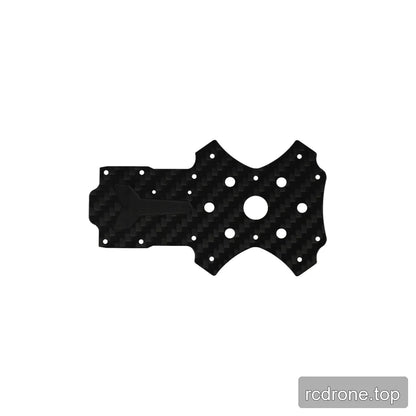 Black carbon-fiber frame plate with arrow-shaped surface detail, central round opening, and multiple mounting holes.