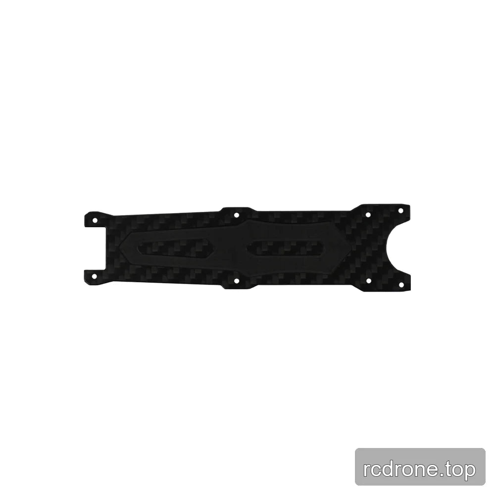 Long carbon-fiber frame plate with twin elongated recessed openings, edge mounting holes, and a rounded end cutout.