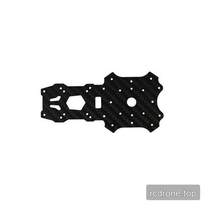 Black carbon-fiber frame plate with a hexagonal cutout, rectangular slots, central round opening, and mounting holes.
