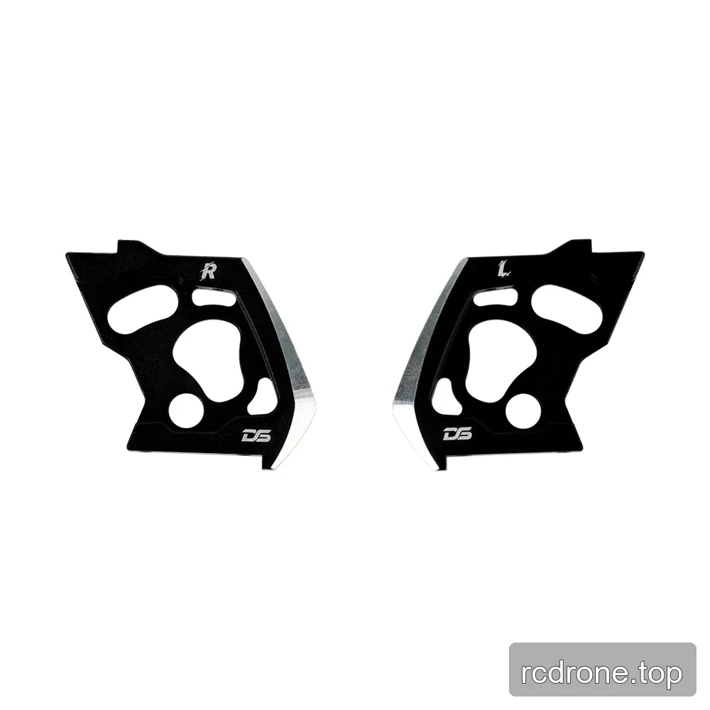 Pair of black metal side plates marked R and L, each with large shaped cutouts and DS logo markings.