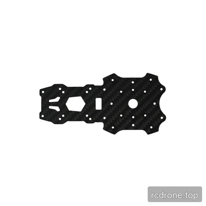 Black carbon-fiber frame plate with hexagonal and rectangular cutouts, a round opening, and multiple mounting holes.