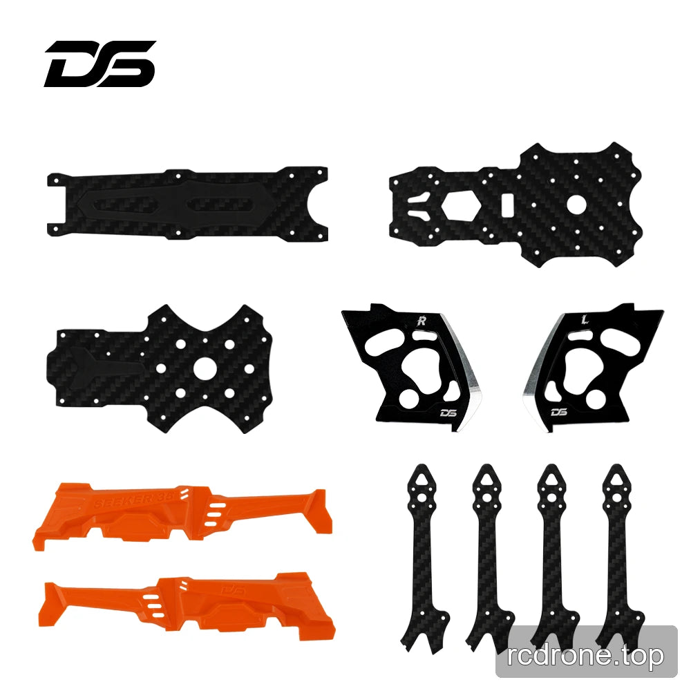 SEEKER 35 replacement component lineup with frame plates, arms, marked camera plates, and side panels.