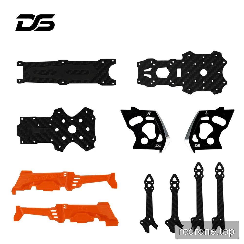 DeepSpace SEEKER 35 replacement frame parts with plates, arms, camera plates, and orange side panels.