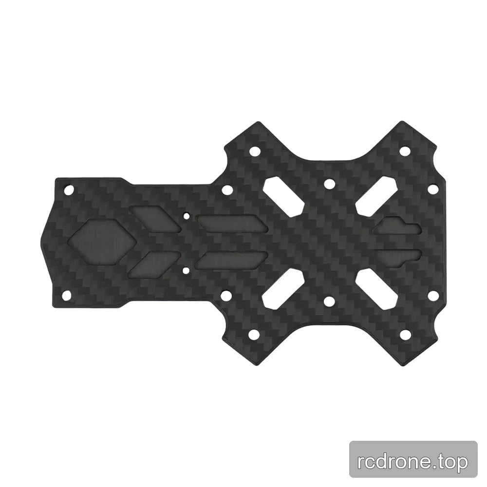 Black woven-pattern FPV frame replacement plate with a broad slotted section, four angled openings, and mounting holes.
