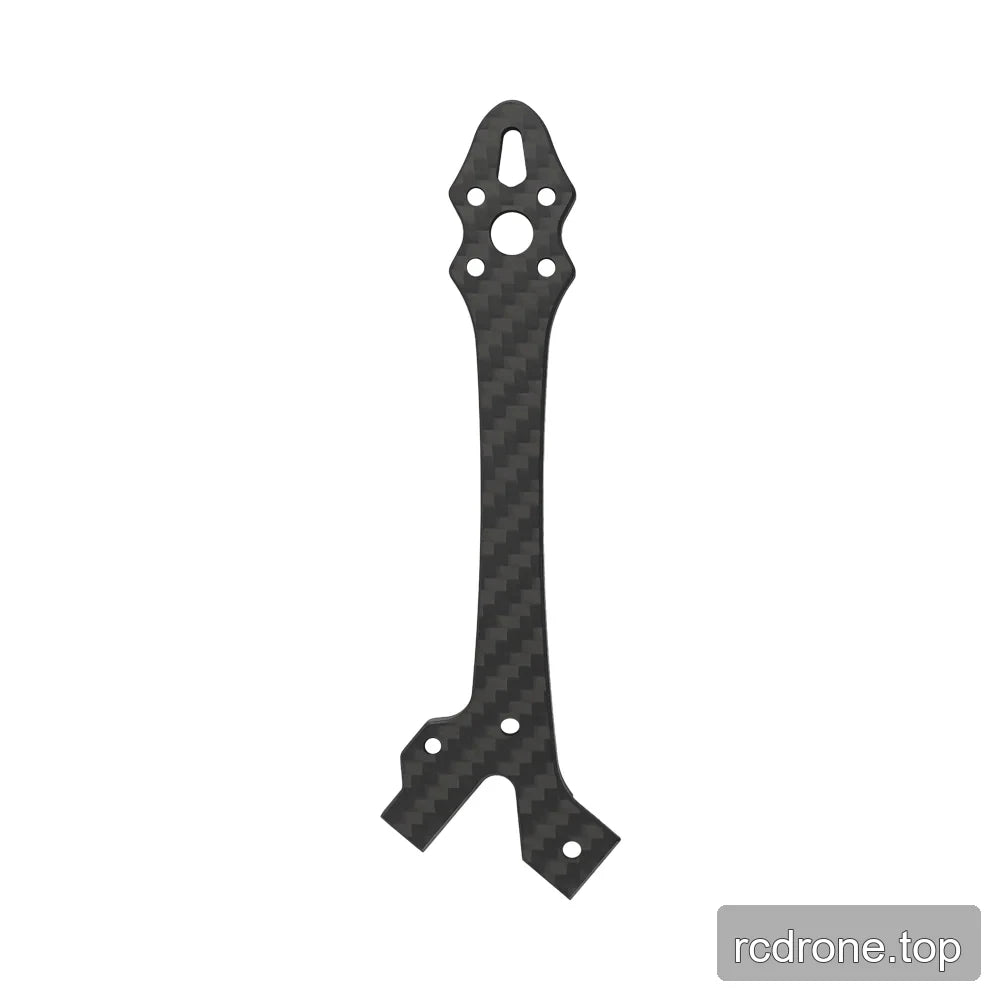 Narrow black woven-pattern FPV frame arm plate with a slotted rounded top, central circular opening, and forked base.