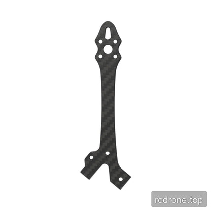 Narrow black woven-pattern FPV frame arm plate with a slotted rounded top, central circular opening, and forked base.