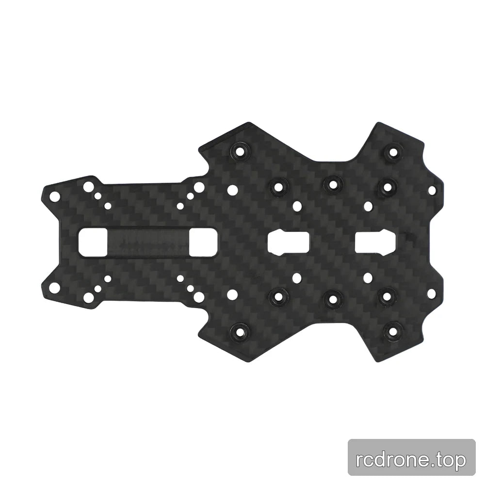 Black woven-pattern FPV frame replacement plate with many mounting holes, round inserts, and rectangular cutouts.