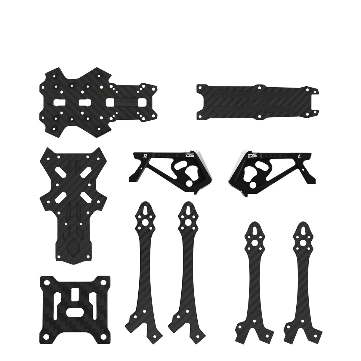 Assorted black woven-pattern FPV frame replacement plates, arms, and mirrored side panels arranged on white.