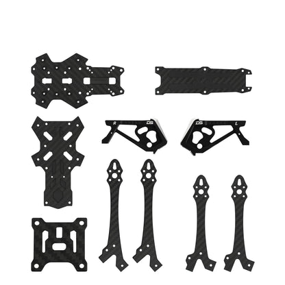 Assorted black woven-pattern FPV frame replacement plates, arms, and mirrored side panels arranged on white.