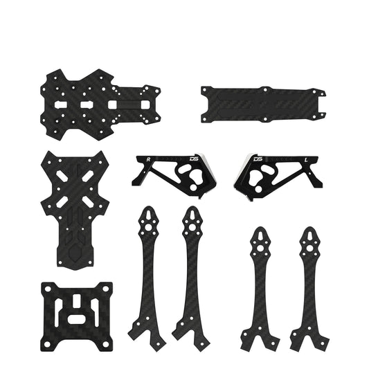 Assorted black woven-pattern FPV frame replacement plates, arms, and mirrored side panels arranged on white.