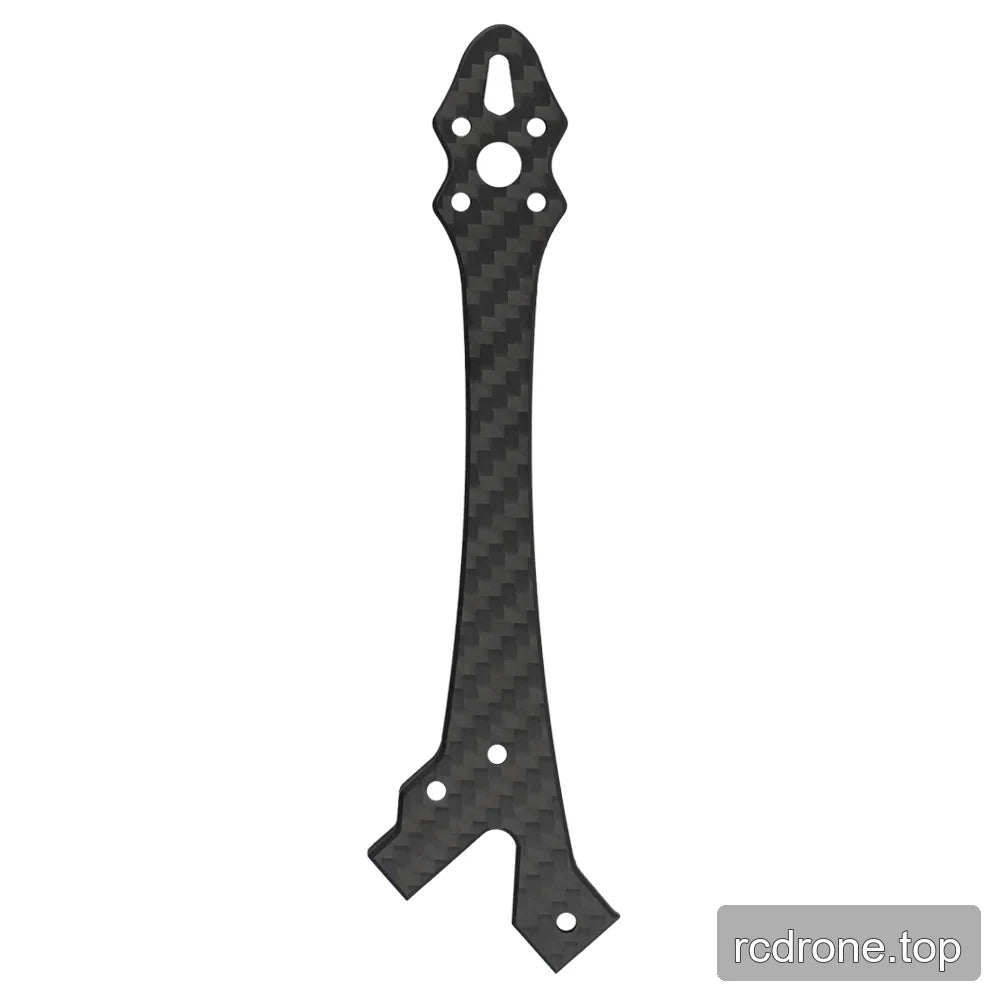 Slim black woven-pattern FPV frame arm plate with a slotted rounded tip, circular opening, and angled forked base.
