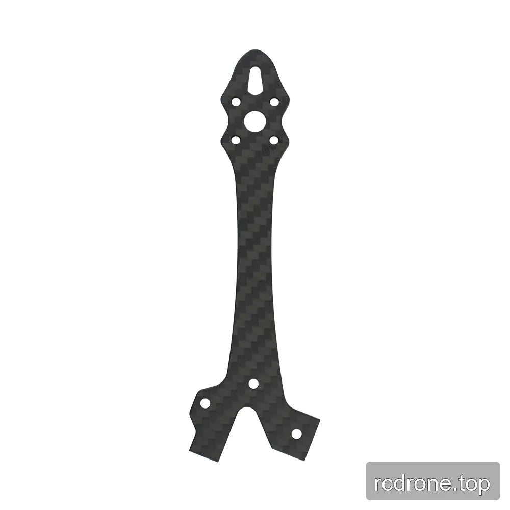 Long black woven-pattern FPV frame arm plate with a rounded slotted tip, circular opening, and forked end.