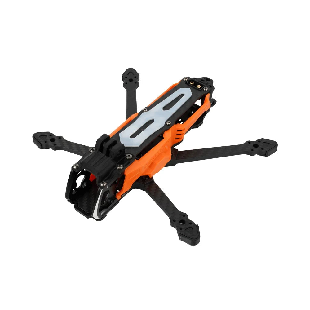 DeepSpace SEEKER35 FPV frame in orange and black, shown from an elevated front-left angle with four carbon-fiber arms.