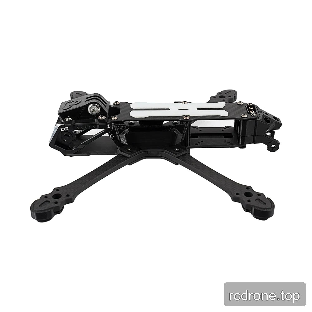 DeepSpace SEEKER5 FPV frame kit in a left-side three-quarter view, showing the white top inserts and open central electronics bay.