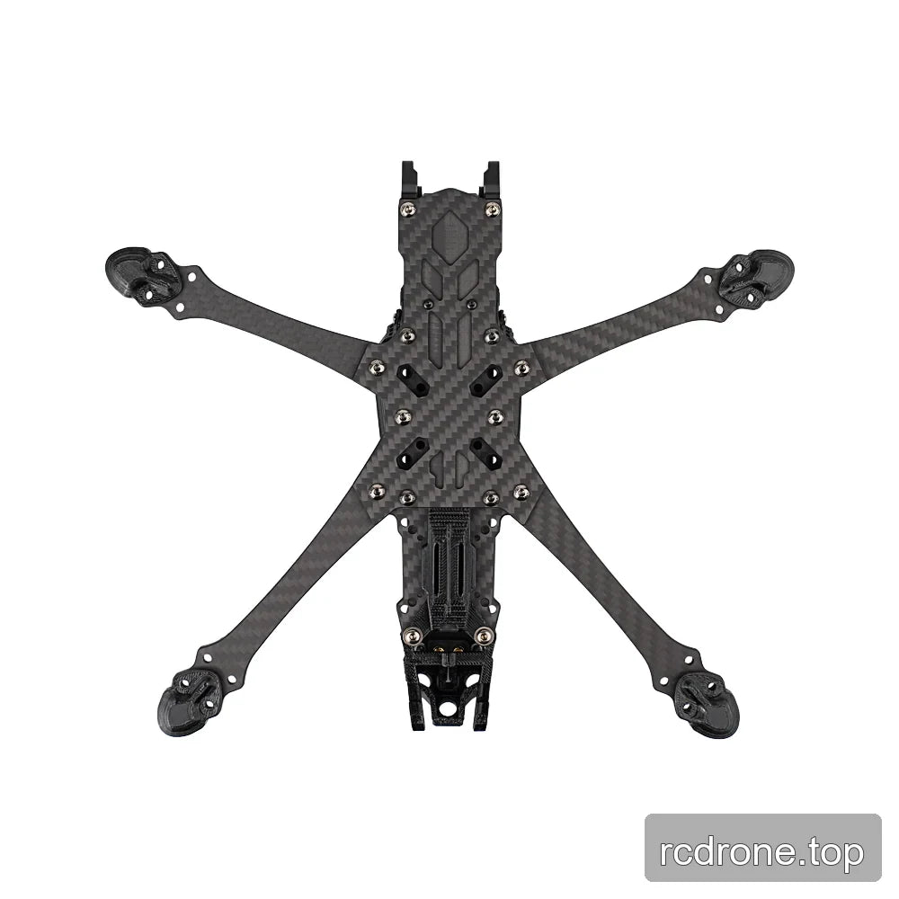 Underside view of the DeepSpace SEEKER5 FPV frame kit, showing the carbon-fiber base plate, arm layout, and front bracket.