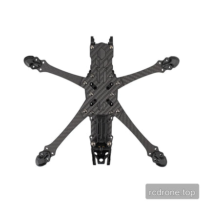 Underside view of the DeepSpace SEEKER5 FPV frame kit, showing the carbon-fiber base plate, arm layout, and front bracket.