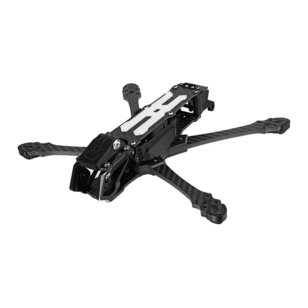 DeepSpace SEEKER5 carbon-fiber FPV frame kit shown in a front three-quarter view with four arms and camera cage.
