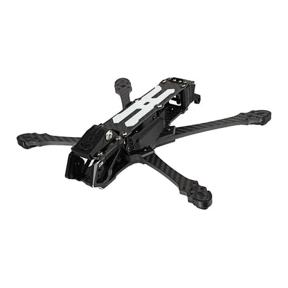 DeepSpace SEEKER5 carbon-fiber FPV frame kit shown in a front three-quarter view with four arms and camera cage.